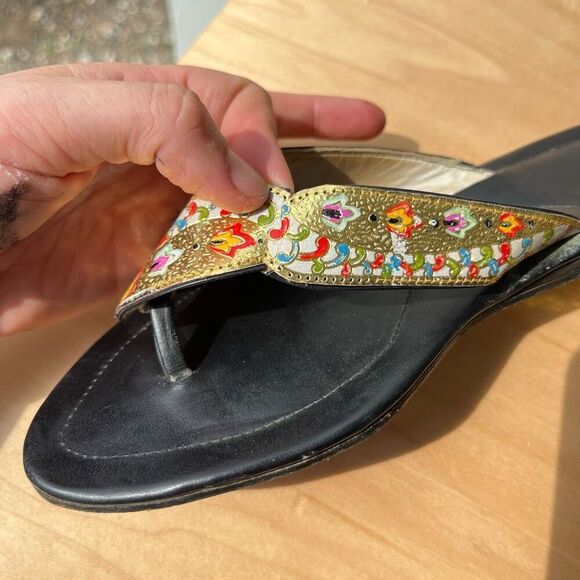 Vintage Indian Leather Sandals – Hand-Painted Gold Enamel – Size 7 - Picture 7 of 12